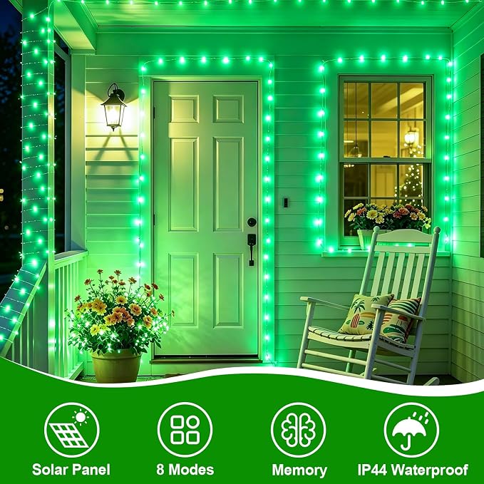YEGUO 4 Pack Halloween Solar Fairy Lights, Each 33ft 100 LED Green Christmas Lights Outdoor Waterproof, 8 Modes Sliver Wire Solar String Lights