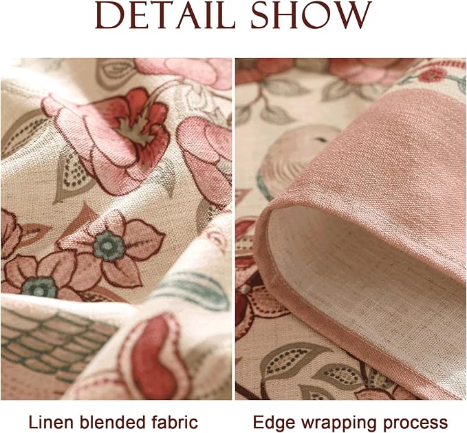 patdrea Vintage French Linen Tablecloth,Round,Diameter 67"-Kulom A | Elegant Table Cloth for Round Table,Leaves and Bird Patterned,Dining Room Tea Party Thanksgiving Decor,Pink