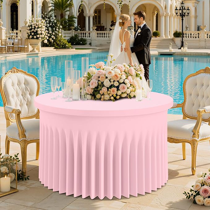 Smiry Round Spandex Tablecloth 2 Pack, Elastic Fitted Washable Tablecloths for 48 Round Tables, Waterpoof Stretch Table Cover Skirt for Outdoor, Wedding, Banquet & Parties, Pink