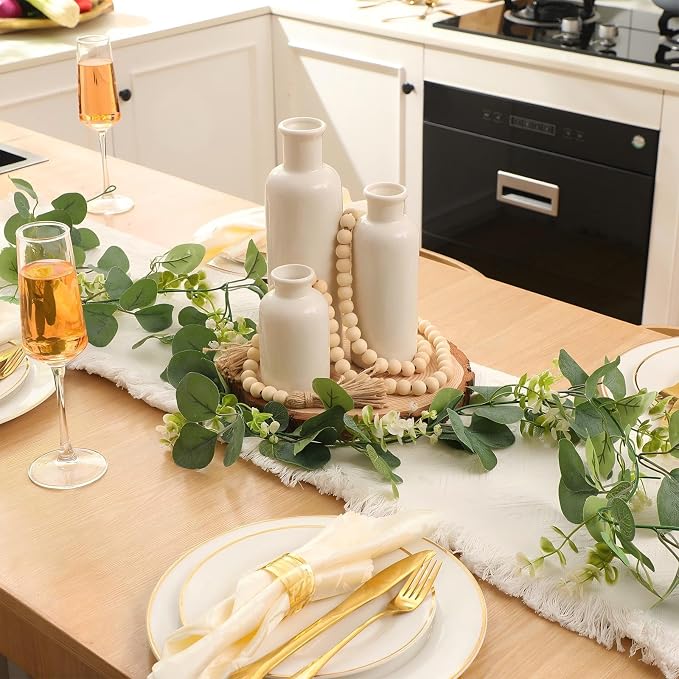 Geelin 6 Pcs Rustic Table Centerpieces, Set of 3 Boho Ceramic Vases, Wooden Serving Tray, Modern Farmhouse Wood Beads Garland Tassel, Artificial Greenery for Home Coffee Tabletop Decor(White)