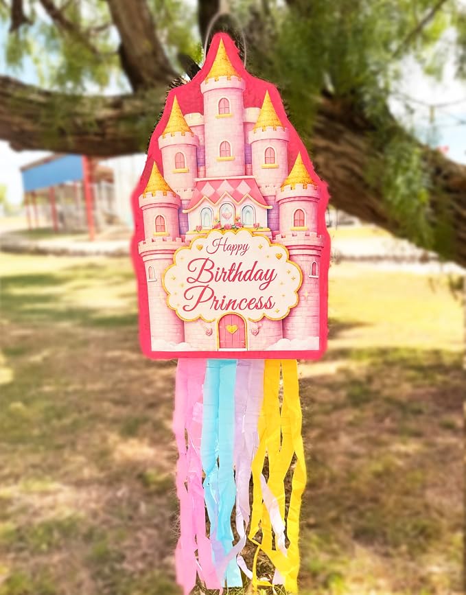 Jergrim Princess Castle Happy Birthday Pinata 4 Piece Set, 11"x17" Perfect For Girl Party Decorations, Once Upon A Time Piñata 5th, 6th 7th B-day Piñatas, Fits Candy & Party Favors