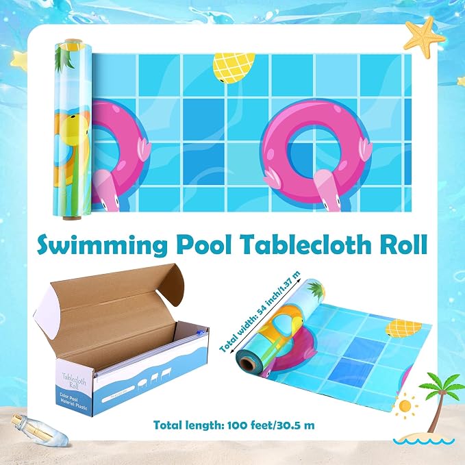 Kochorie 100 Ft x 54 Inch Swimming Pool Plastic Tablecloth Roll Pool Party Table Cover Roll with Cutter Box Summer Themed Ocean Backdrop for Summer Beach Pool Ocean Party Supplies