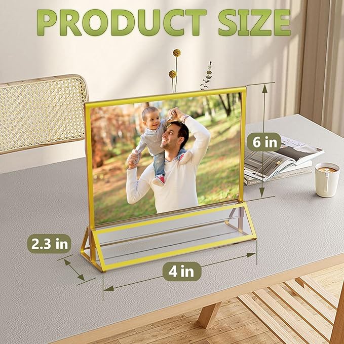 Acrylic Sign Holder 6X4 Gold Frames Double-Sided Gold Picture Frames for Flyer Holder Menu Holder Wedding Table Number Holder Christmas Photo Frame with Removable Sticky Dots -6 Pack
