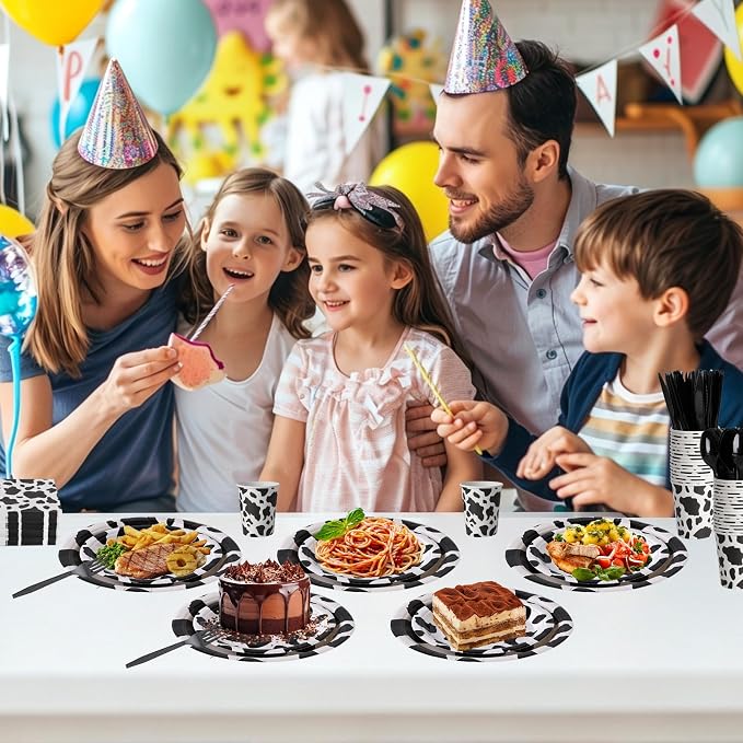 400 Pcs Disposable Black Cow Print Tableware Set for 50 Guests | Heavy-Duty 7" & 9" Paper Plates, Cups, 13" Napkins & Plastic Cutlery for Cow Birthday, Farm and Western Party Supplies