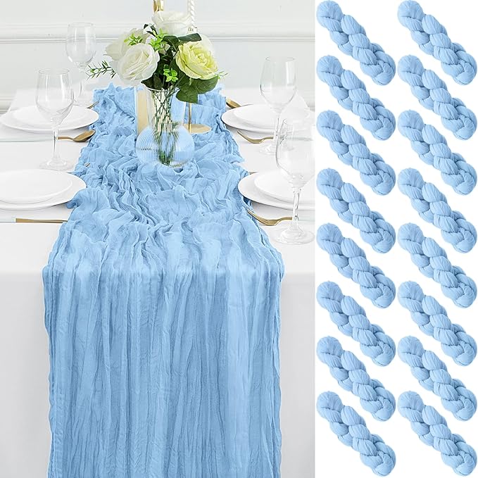 16Pack Baby Blue Table Runner 10FT Light Blue Cheesecloth Table Runner 35x120Inch Long Boho Gauze Cheese Cloth Table Runners Rustic Sheer Table Runners for Wedding Baby Shower Bridal Shower Decor