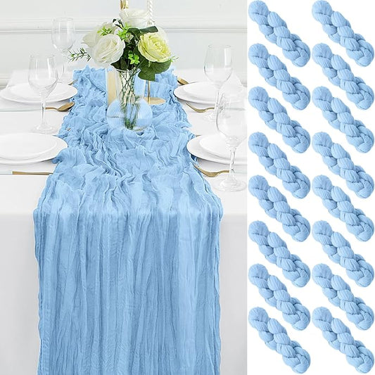 16Pack Baby Blue Table Runner 10FT Light Blue Cheesecloth Table Runner 35x120Inch Long Boho Gauze Cheese Cloth Table Runners Rustic Sheer Table Runners for Wedding Baby Shower Bridal Shower Decor