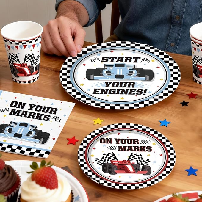 Race Car Birthday Party Decorations for Boys, 293PCS All-in-One Car Themed Birthday Party Decorations Set for 25 Guests, with Balloon Arch, Banner, Plates, Tablecloths and Cupcake Toppers