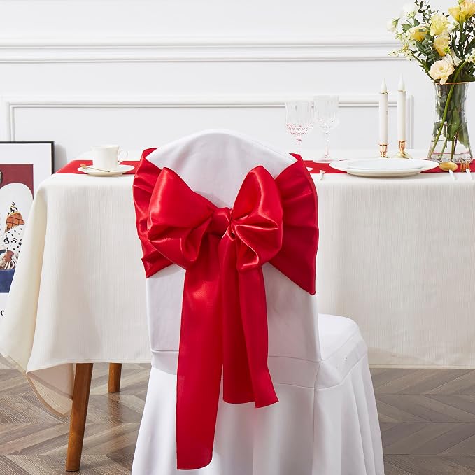 50 Pcs Red Satin Chair Sashes Bows Universal Chair Cover for Wedding Reception Events Banquets Party, Hotel Event Decorations, 6 x 108 inch