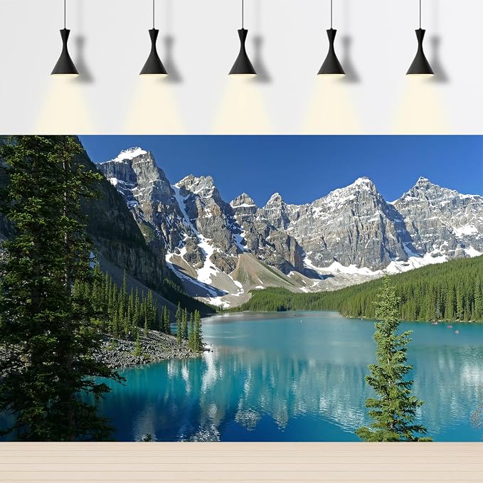Mountain Lake Backdrop Banff National Park Moraine Lake Background Canadian Rockies Snow Mountains Pine Trees Forest Photography Background Mountains Mirroring in Water Backgrounds Photo Props 20x10ft