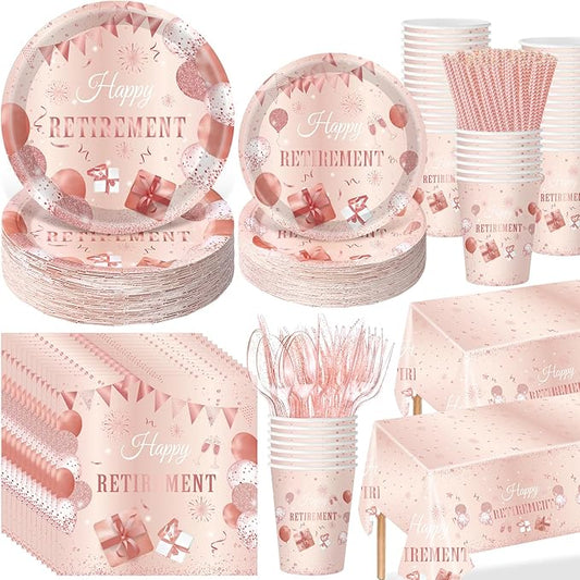 Funnymoom 452 Pcs Retirement Party Decorations for Women, Rose Gold Happy Retirement Paper Plates Napkins Cups Tablecloth Cutlery Straws for Women Say Goodbye Party Supplies, Serves 50 Guests