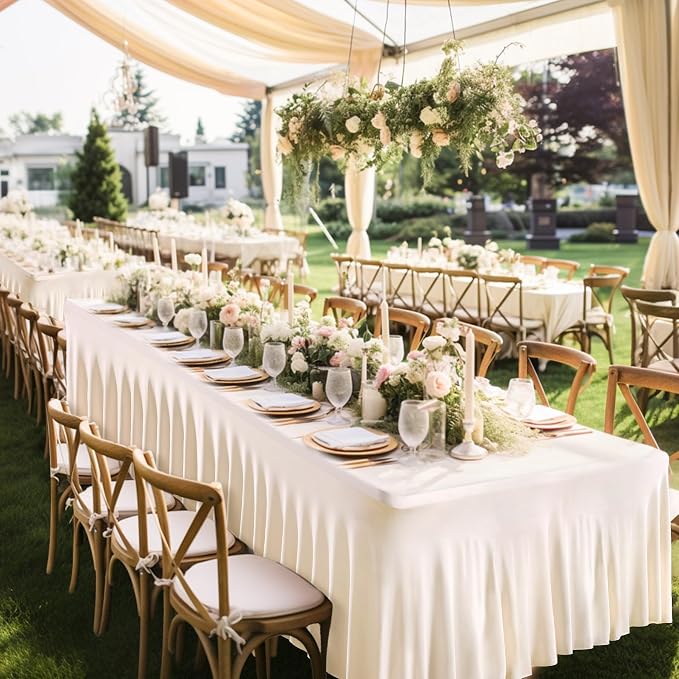 Shillance 8 Packs Ivory Spandex Table Covers 8 Foot, Fitted Stretch Table Cloth with Skirts 96x30 Inch, Wrinkle-Free Floor Length Rectangle Tablecloths for Weddings Parties Banquets Events