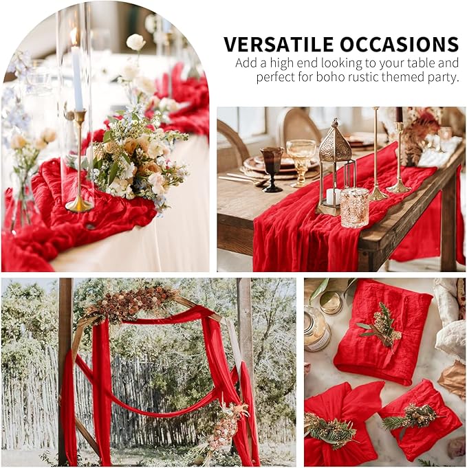 6 Pack Cheesecloth Table Runner,Red Table Runner Long Romantic Semi Sheer Rustic Boho Gauze Table Runners for Wedding Bridal Shower Birthday Party Decorations(17.7×108 Inch)