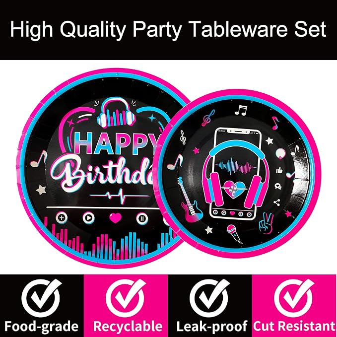 96 Pcs Music Party Supplies Tableware Set for Girls, Music Theme Birthday Party Plates Napkins Forks Packs Decorations for Birthday Baby Shower Celebration, 24 Guests