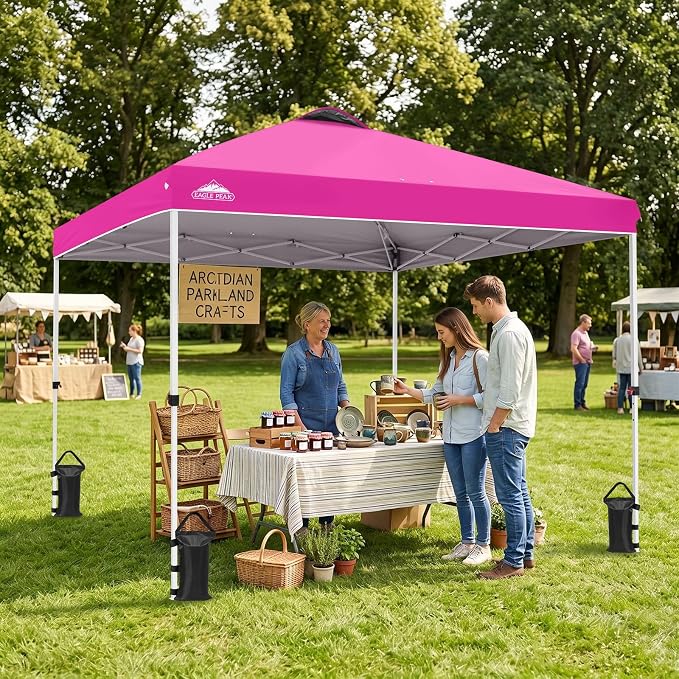 EAGLE PEAK Pop Up Canopy Tent with Wheeled Carry Bag, 8 Stakes, 4 Ropes, 4 Weight Bags, Easy Set Up Tent Canopy, 10x10 ft, 100sqft of Shade, Pink