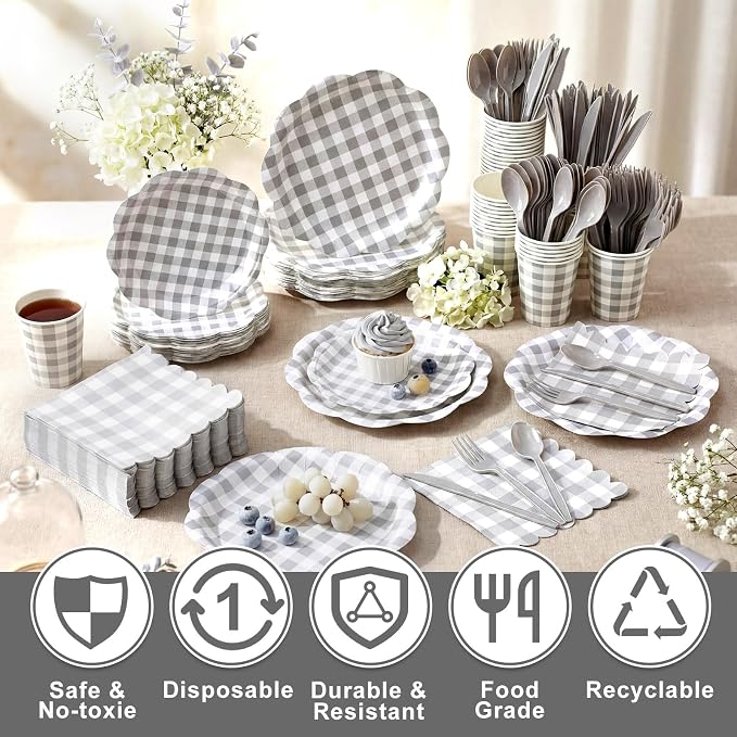 Funnymoom 400 Pcs Gingham Party Supplies for 50 Guests Gray and White Paper Plates and Napkins Knives Spoons Forks Cups Disposable Checkered Dinner Party Set Cutlery for Baby Shower Wedding Favor