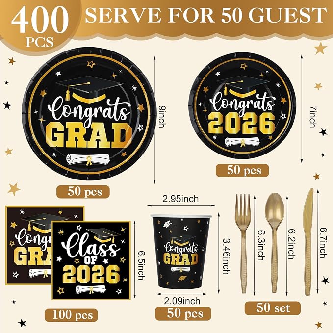 Funnymoom 400 Pcs Graduation Party Supplies Class of 2026 Graduation Paper Plate Napkin Cup Cutlery Congrats Grad Disposable Tableware Set for Grad Party Decorations, Serve 50(Black, Gold)