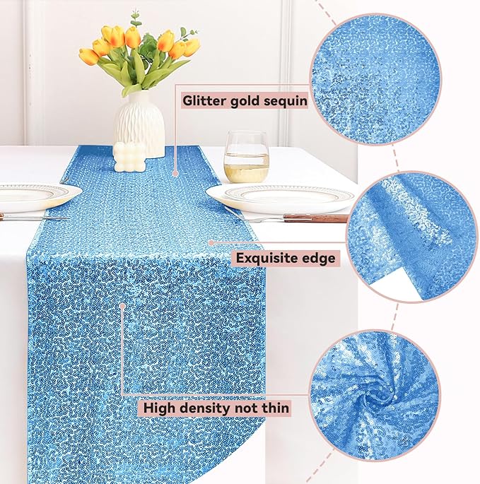 Sugargirl 10 Packs 12 x 72 inches Sequin Table Runner, Glitter Blue Table Runner for Birthday Party Supplies Wedding Holiday Celebration Event Decorations