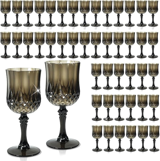 CHLJAR 7oz Plastic Vintage Drinking Glasses Wine Glasses Vintage Champagne Flutes Unbreakable Wedding Glassware Crystal Water Goblets Reusable Drinkware (Black, 48 PCS)
