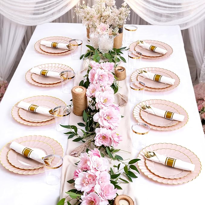 YOUBET 350PCS Pink Scalloped Plastic Plates - Pink and Gold Disposable Dinnerware Set Include 100 Plates, 150 Gold Silverware, 50 Cups, 50 Napkins for Wedding & Party Mothers Day