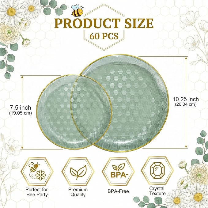 Festiva 60PCS Clear Sage Green Plastic Plates - Heavy Duty Fancy Disposable Plates With Gold Rim -30PCS 10.25" & 30PCS 7.5" Honeycomb Design Plates for Party(Sage Green)
