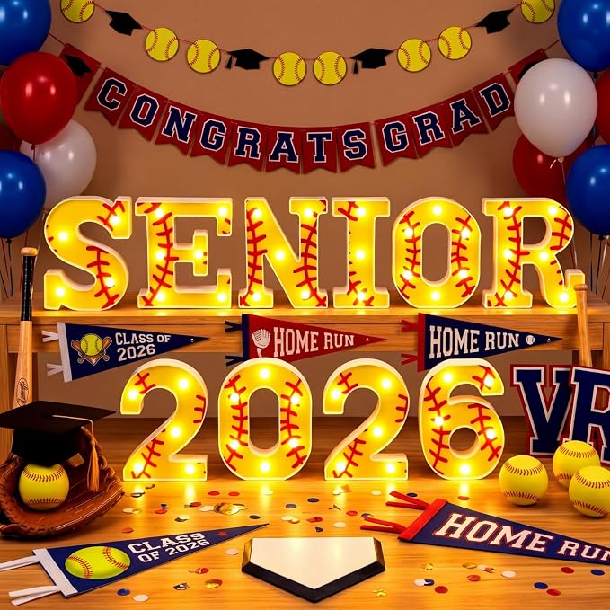 Honoson 10 Pcs Softball 2026 Senior Night Decorations Lights up 2026 Senior Sign Softball Graduation Theme Party Lights for High School College Grad Party Supplies