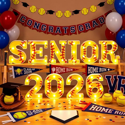Honoson 10 Pcs Softball 2026 Senior Night Decorations Lights up 2026 Senior Sign Softball Graduation Theme Party Lights for High School College Grad Party Supplies