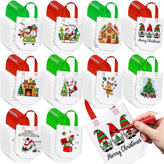 Chunful 100 Pcs Christmas Coloring Goodie Gift Bags for Kids Cute Christmas Reusable Cartoon Drawing Party Favors Xmas Santa Colorful Candy Bags Hohoho Gift for DIY Crafts Supplies