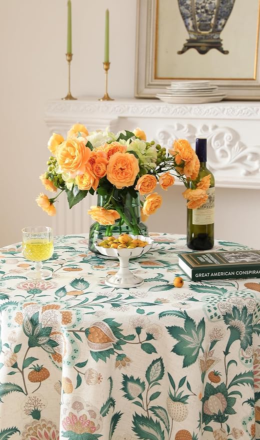 patdrea Vintage French Linen Tablecloth,Round,Diameter 55"-Tree Life | Elegant Colorful Table Cloth for Round Table,Green Floral Patterned,for Dining Room Tea Party Thanksgiving,Durable