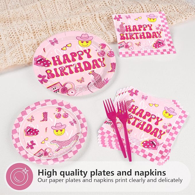 96Pcs Pink Checkered Preppy Graduation Decoration Pink Smiley Face Preppy Plates and Napkins Smile Face Y2k Tableware Set for Girls Graduation Birthday School Party Supplies Serves 24
