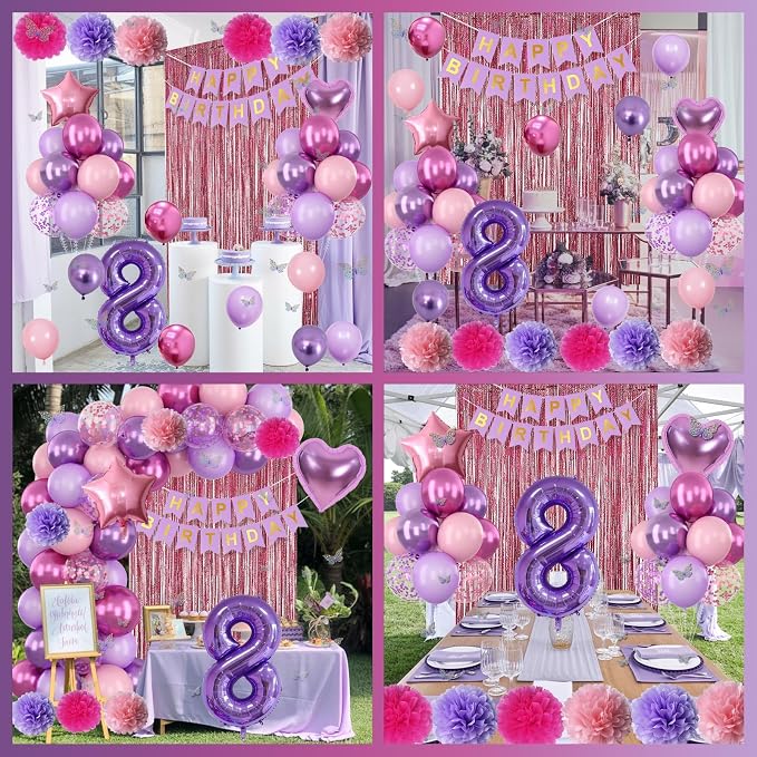 Pink Purple 8th Birthday Party Decorations for Girls Number 8 Balloon Happy Birthday Banner Butterfly Stickers Fringe Curtain Paper Pom Poms Metallic Hot Pink Star Foil Balloons 8 Year Old Princess
