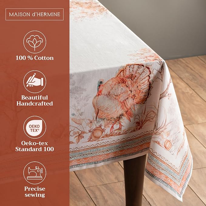 Maison d' Hermine Table Cloth Rectangle Table 100% Cotton 70 x 140 Inches Fall Tablecloth Reusable Everyday Use for Thanksgiving Christmas Decorations Dining Farmhouse Party (Giving Thanks)
