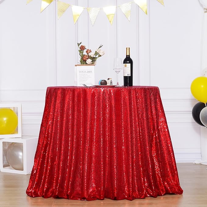 Poise3EHome 120-Inch Round Red Sequin Tablecloth for Christmas Party Cake Dessert Table Exhibition Events