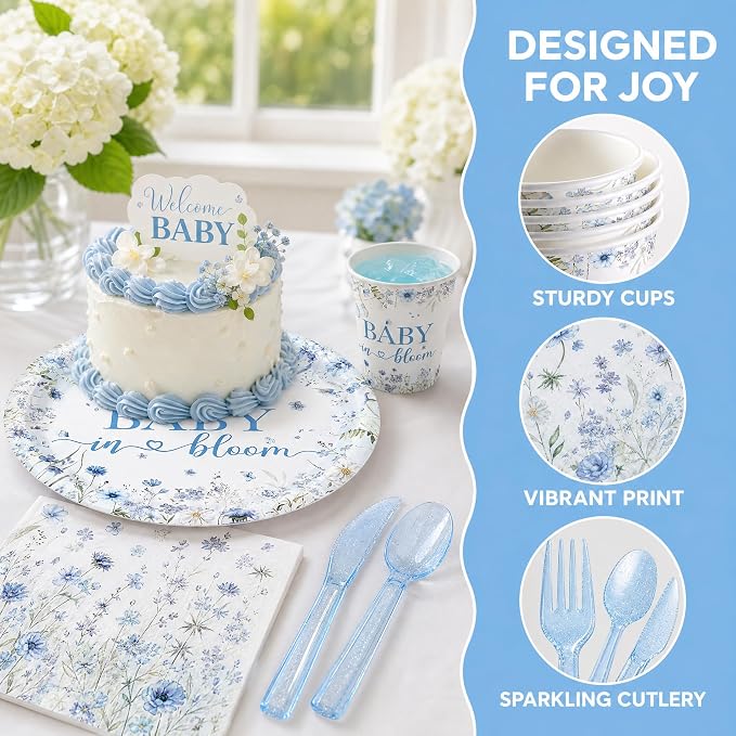 120PCS Boy Baby Shower Party Supplies Baby in Bloom Party Decorations Spring Wild Flower Pregnancy Announcement Tableware Set Dessert Plates Napkins Cups Set for 20 Guests