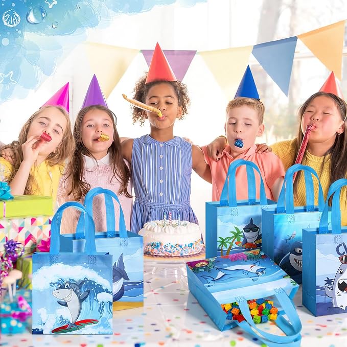Sweetude 40 Pcs Shark Gift Party Favor Bags with Handle, Non Woven Goodie Bags Birthday Favor for Birthday Baby Shower Packaging Supplies