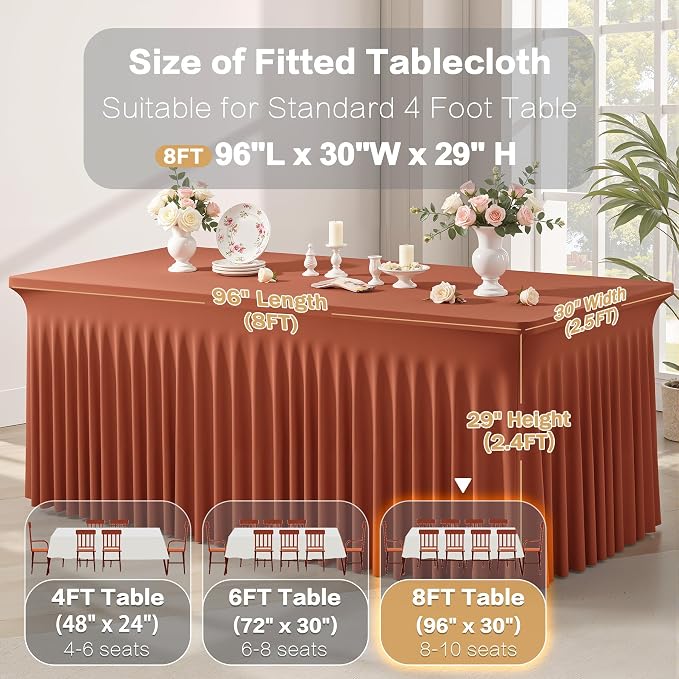 6 Packs Terracotta Spandex Table Cloths 8 Foot, Fitted Stretch Table Cover with Skirt 30x96 Inch, Wrinkle-Free Floor Length Tablecloths Rectangular for Weddings Parties Banquets Events Decorations