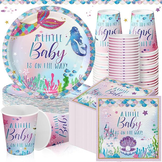 200 Pcs Mermaid Baby Shower Paper Plates Napkins Cups Under the Sea Baby Shower Party Supplies Tableware Set Purple Green Disposable Cup Napkin for 50 Guest Girls Spring Party Decoration