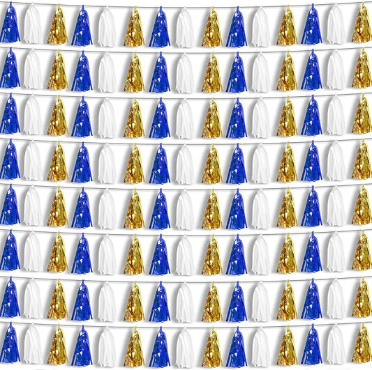 8P Navy-Blue White-Gold Foil Fringe Metallic Tassel-Garland, Tassels Banner Streamers for Parade Floats, Bachelorette, Wedding, Birthday, Halloween, Christmas, Bridal/Baby Shower Party Decorations