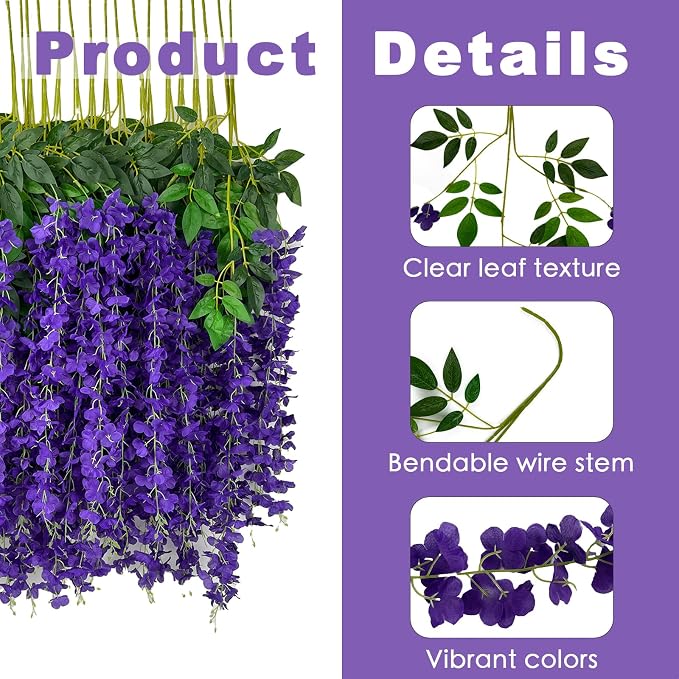 BIRDDIE 48 Pcs of Artificial Wisteria Hanging Flowers, 3.75 Feet Fake Wisteria Flower Strings for Backdrop, Wedding, Ceremony,Garden and Home Wall Decoration (Dark Purple)