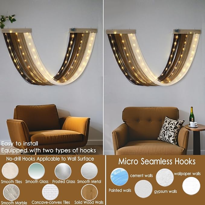 Macrame Fairy Lights Battery Operated with Remote & Timer, Brown Gradient | Handwoven Wall Hanging with 20ft 100 LEDs Warm White Timer String Lights for Bedroom,Living Room,Party,Wedding,Christmas Deco