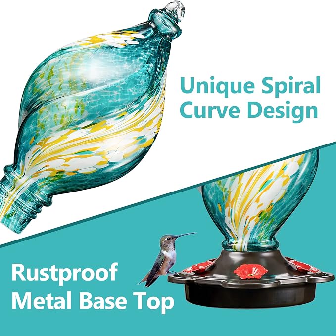 LUJII Ice Cream Shaped Spiral Hummingbird Feeder for Outdoors Hanging, Hand Blown Glass, 28 fl.oz, Leak Proof & Rustproof, Includes an Ant Moat with Hook, Unique & Stylish Glass Art & Decor (Teal)