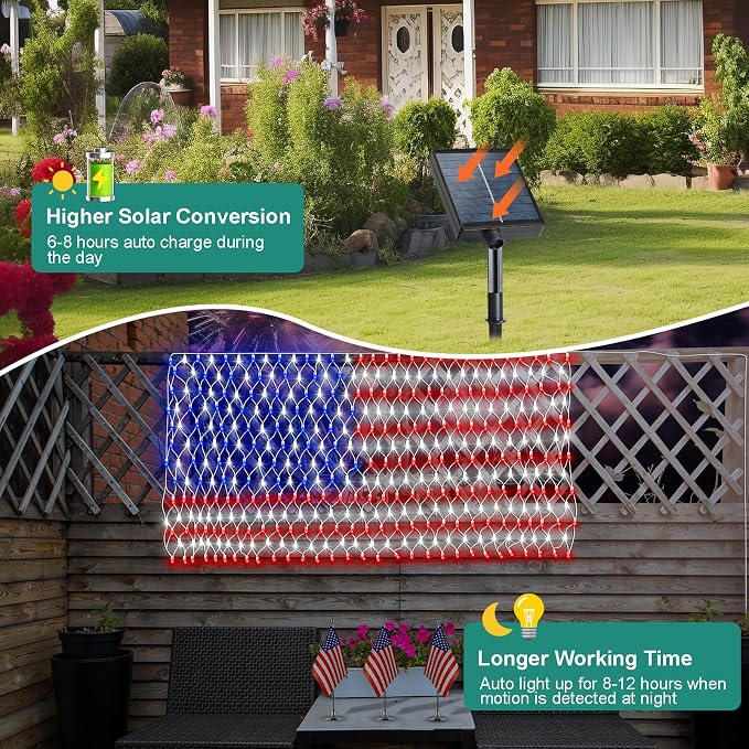 Solar American Flag Lights Outdoor420 LEDs US Flag Net Lights 6.5 x 3.28 Ft | Solar Flag Lights with Remote Dimmable Timer 8 Lights Modes for Independence/National/Memorial Day July 4th