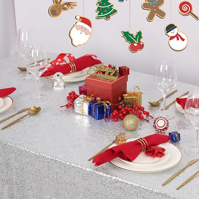 B-COOL 60x102 Inch Silver Tablecloth Christmas Rectangle Silver Sequin Tablecloth Sequin Table Linens Glitter Tablecloth Wedding Sequin Tablecloth for Xmas Halloween