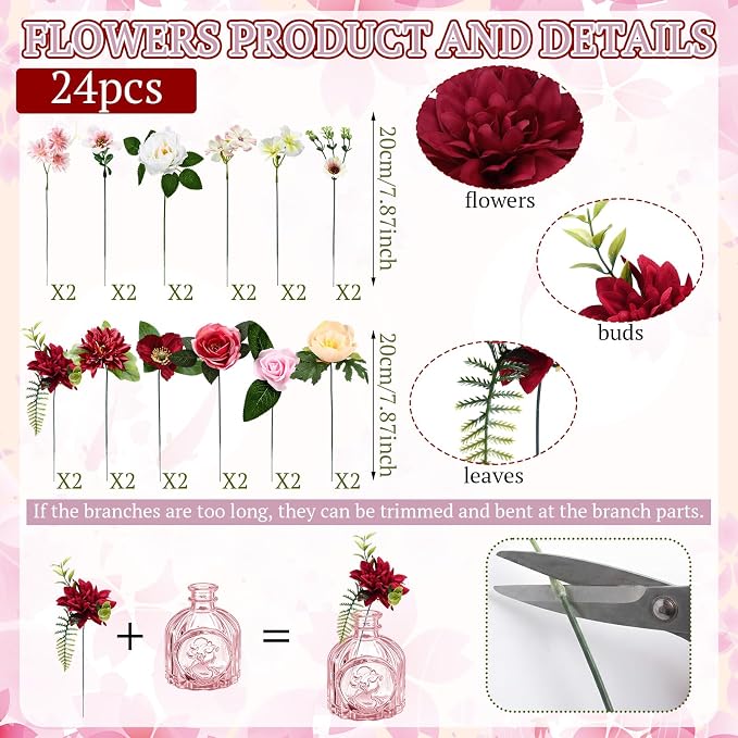 36 Pcs Artificial Flowers Table Centerpiece with Vases Colorful Wildflower Centerpieces Silk Flower Arrangement for Wedding Baby Shower Table Centerpieces Party(Multi Color,Pink)