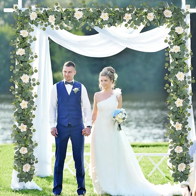 2PCS Flower Garland 6.2FT Artificial Rose Flowers Garland Wall Vines Greenery White Roses Eucalyptus Garlands for Wedding Table Runner Arches Backdrop Party Centerpiece Room Decor