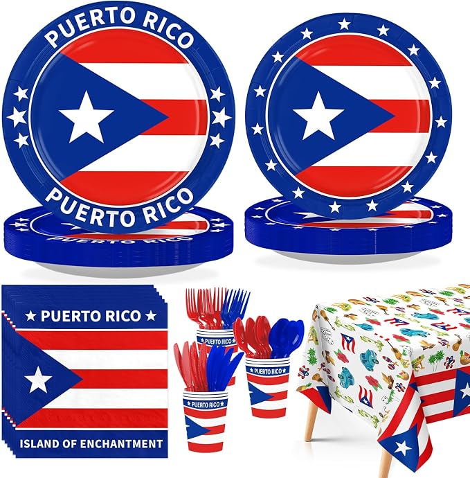170Pcs Puerto Rico Party Supplies Puerto Rico Flag Plates Napkins Cups Forks Knives Spoons Tablecloths for Rican Fiesta Birthday Party National Day Cultural Celebrations, Serves 24