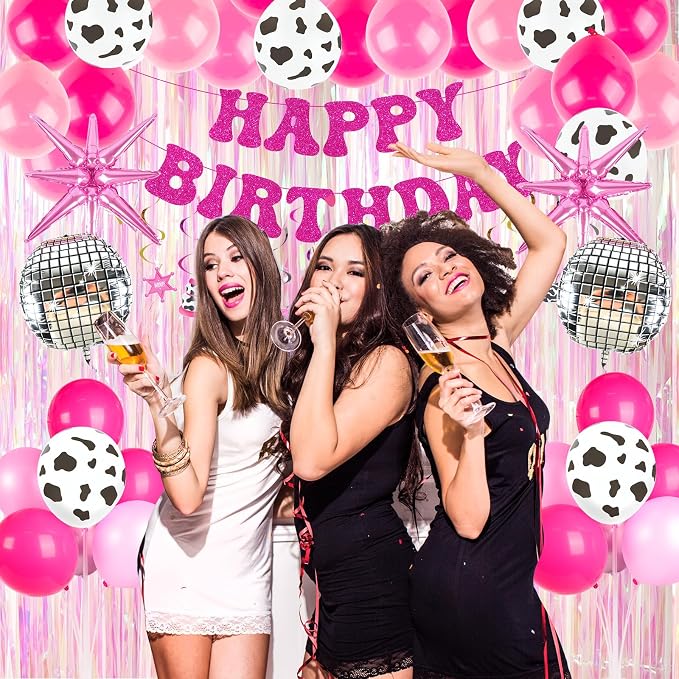 185Pcs Cowgirl Birthday Party Decorations Supplies - Includes 20 Guests Tableware Set and Birthday Banner Backdrop Foil Balloons Stand Cake Toppers for Western Disco Cowgirl Party Decor