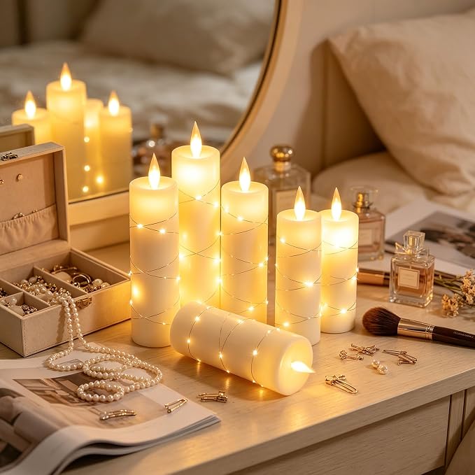 Da by 5 Pack Ivory Real Wax Flameless Taper Candles, Lifelike Flickering LED Flame Candles with Surrounding Fairy String Lights, Battery Candles with Remote for Home Wedding Holiday Decor