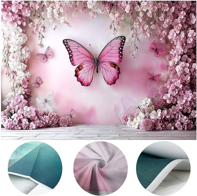 12x10ft Flower Butterfly Wall Backdrop Pink Floral Princess Girl Birthday Party Photography Background Photo Backdrop Art Wedding Banner Photo Studio Props