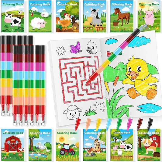 BenLouis 24 Farm Animals Mini Coloring Books Kids with 24 Stacking Crayons Barn Party Favors Activity Books Bulk for Kids Farm Cow Horse Birthday Goodie Bag Gift Stuffer Classroom Reward