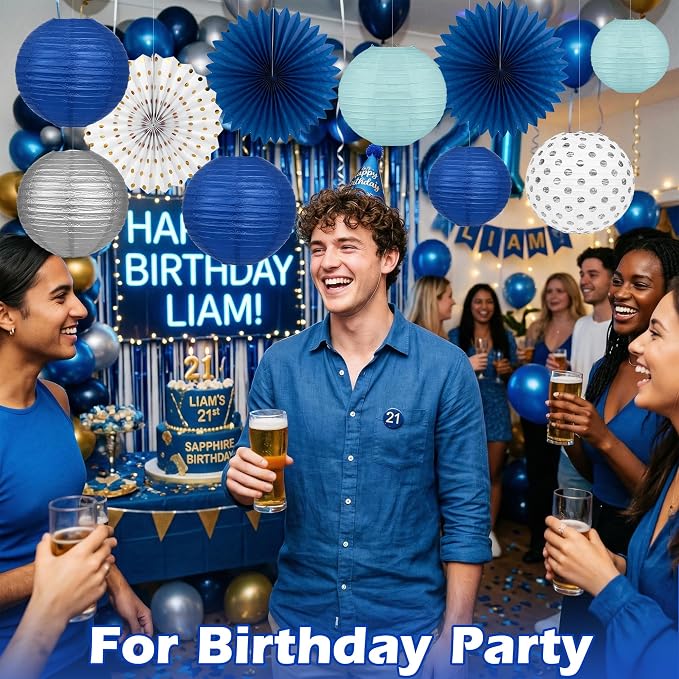 Navy Blue Party Decorations Set with Hanging Paper Lanterns Fans for Graduation Decorations 2026 50th 60th Birthday Wedding Anniversary Baby Shower Retirements
